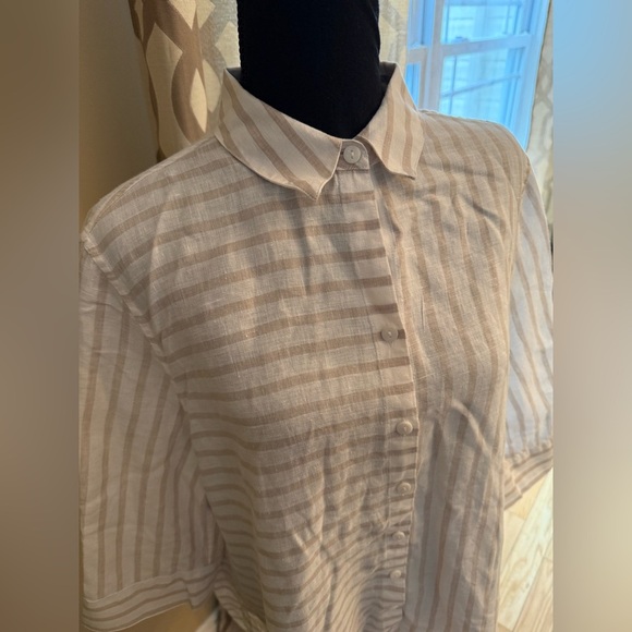 Chico's Striped 3/4 Sleeve 100% Linen Button Down Shirt Womens Sz 3P Beige/White - Picture 2 of 12